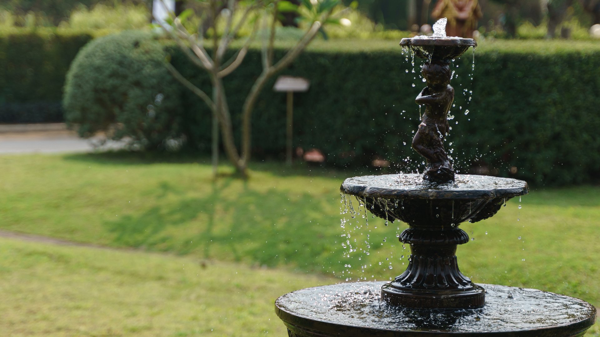 A black water fountain spraying water on our client's property in Lake Crystal, MN.