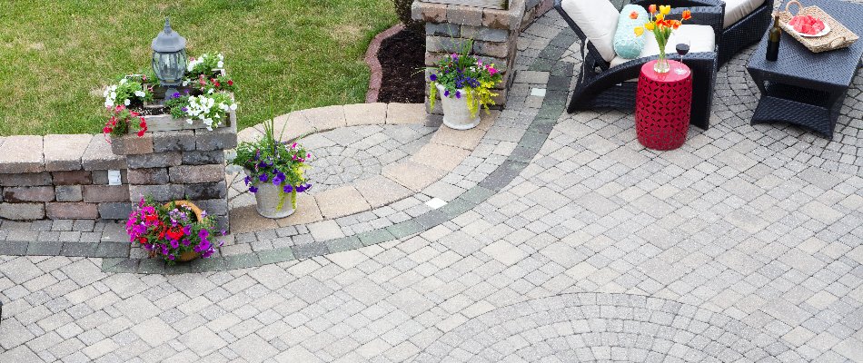 Birds eye view of a recently installed patio on our client's property in Janesville, MN.