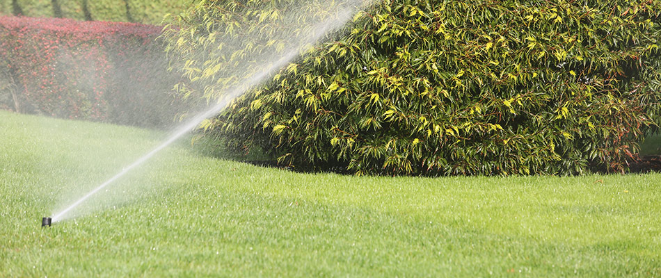 Irrigation sprinkler is watering a lawn and the bushes at the edge of a property in Waseca, MN.